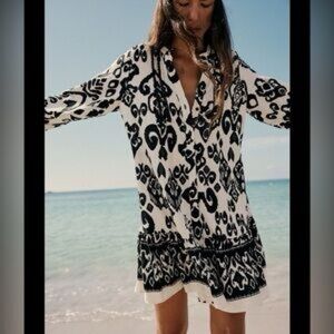 EUC Zara Bohemian Black White Mini Dress Linen Blend Size Medium Retails $79